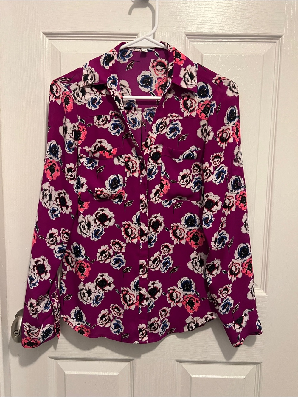 Express Floral Button-Front Blouse - Magenta with Pink & Navy Accents